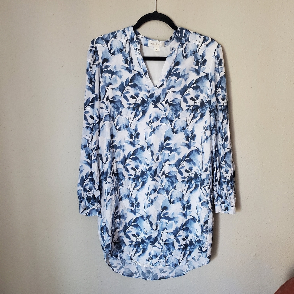 Women's Cloth & Stone White Blue Leafy Floral Print Long Sleeve Dress Patterned